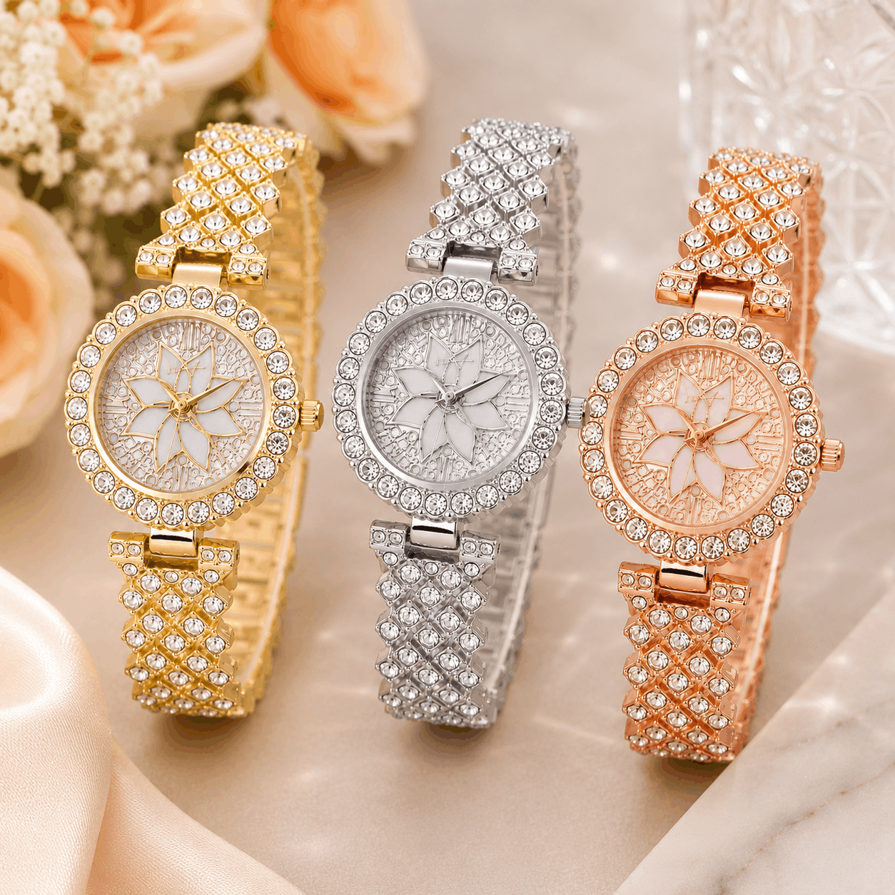 Luxury Floral Crystal Quartz Wrist Watch for Women – Rhinestone Bracelet Analog Fashion Wristwatch for Daily Wear, Party & Gift 