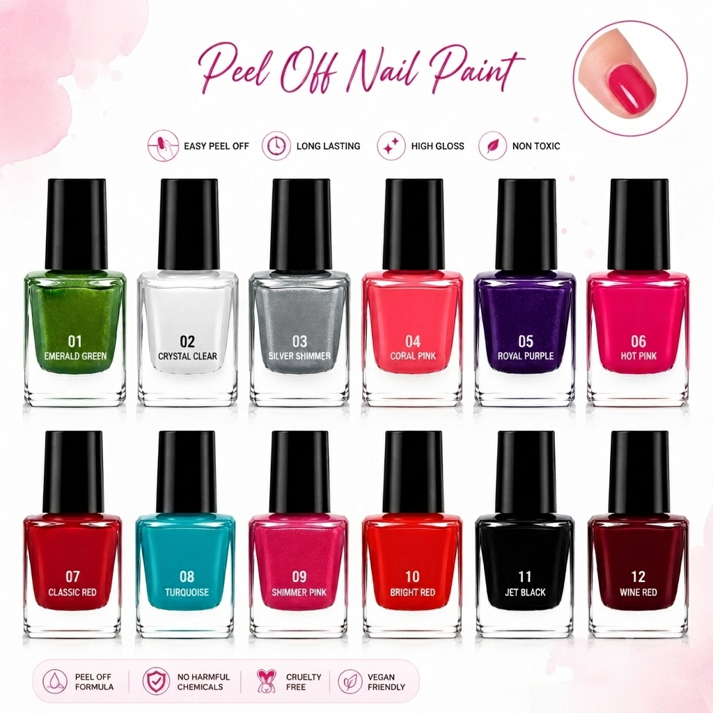 Pack of 12 - Peel Off Nail Paints - Cosmetic Nail Polish Designed For Easy Removal And Vibrant Color Maintenance Routine (Random Color)