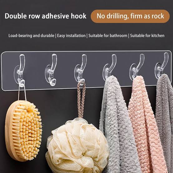 Double Row Adhesive Hook | Transparent Sticky Hook | Wall Hooks Self Adhesive Clothes Coat | Door Hanger Towel Key Holder Bathroom Kitchen Storage Sticker Hook - Pack of 1