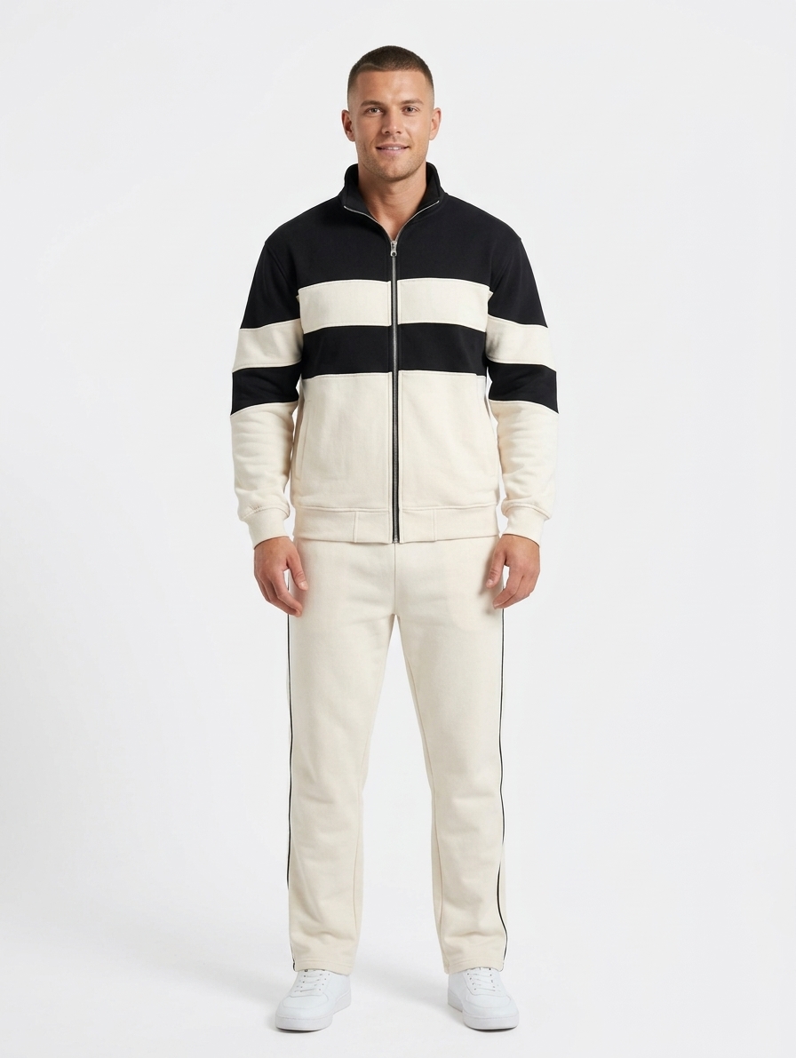 Premium Panel Tracksuit For Men Stylish Athletic Wear Set | Zip-up Jacket And Trouser - L, cream color