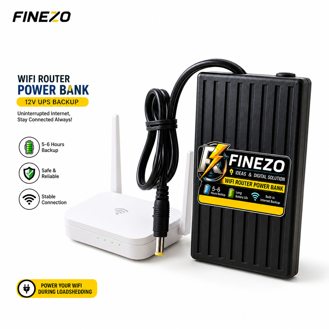 Finezo WiFi Router Power Bank 12V 6000mAh – 0.5A/1A Mini UPS, 5-6 Hours Backup for WiFi Router & Modem – Portable Internet Power Backup - 12 Volt