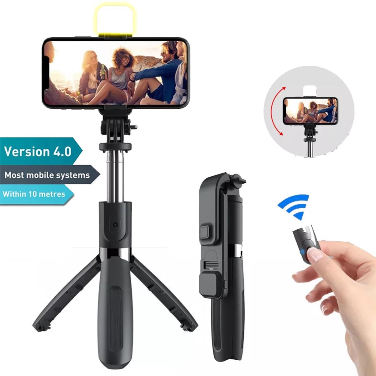 RS1 Selfie Stick With LED Light Wireless Bluetooth Foldable Mini Tripod Stand Mobile Holder With Fill Light Shutter Remote Control For IOS Android) _KIT_ - Black KS