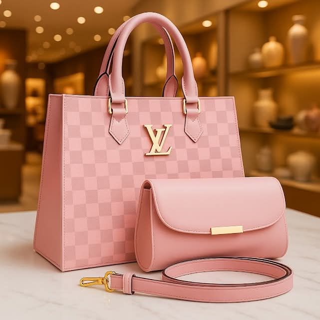 Pink Checkered Handbag Set – Elegant 3-Piece PU Leather Shoulder Bag, Crossbody & Pouch