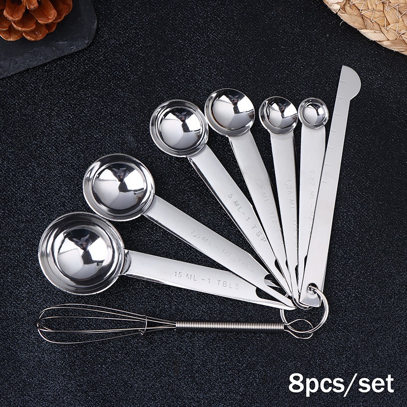 4/6/8Pcs Set Stainless Steel Measuring Spoon Cup With Scale Measuring Ruler Egg Beater Spoon Kitchen Baking Measuring Tool